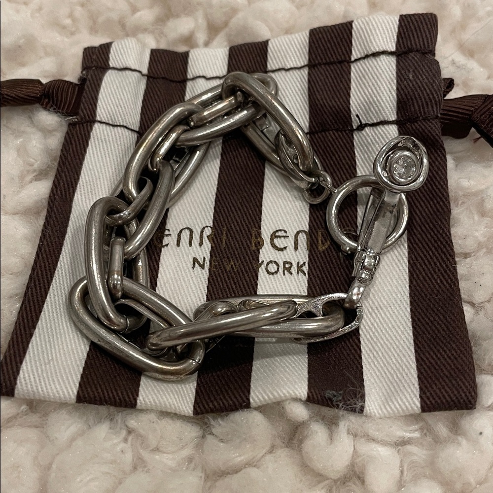 HENRI BENDEL Silver Tone Signature Chain Link Bracelet w HB Dust Bag | GUC